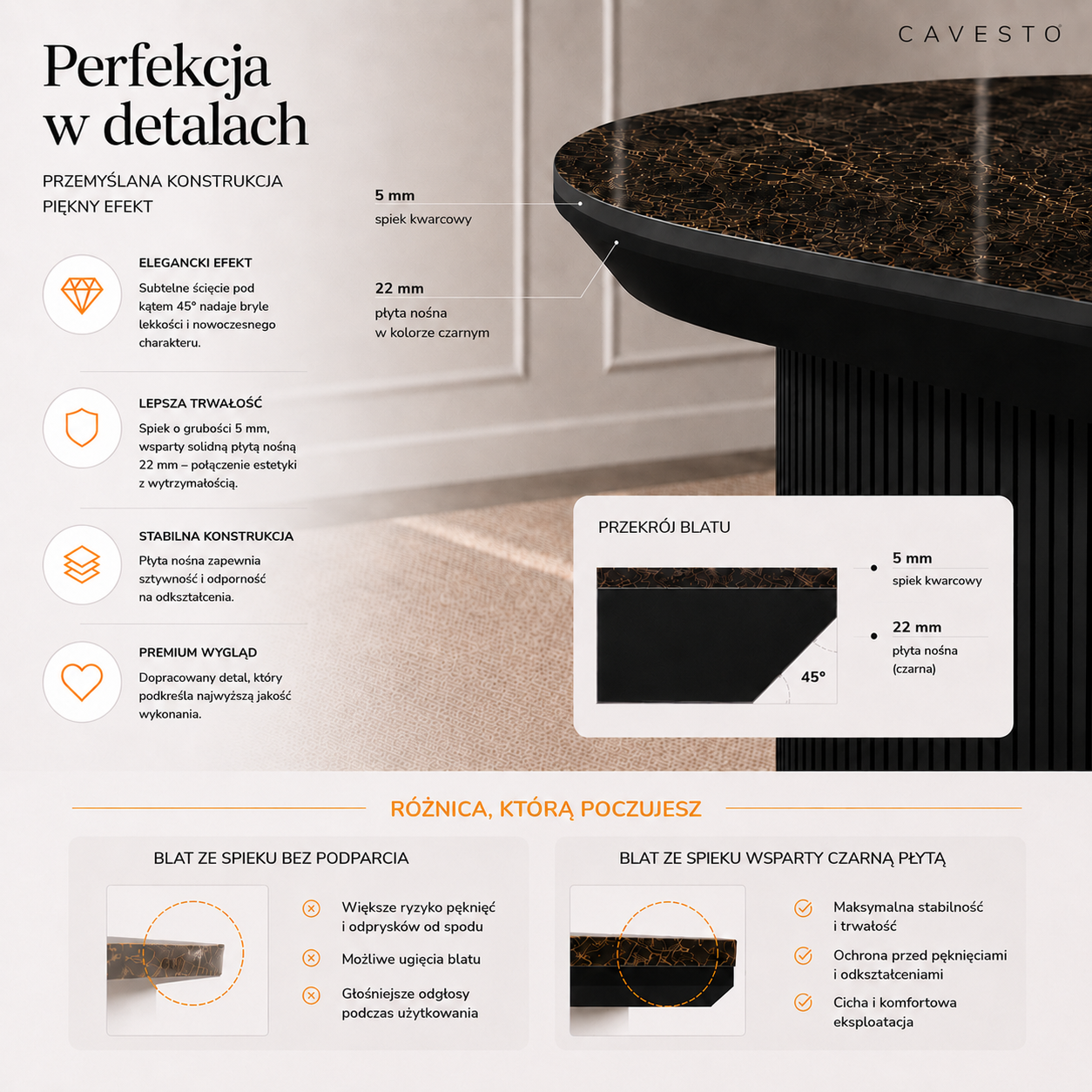 Stół okrągły ze spieku kwarcowego Emperador Kossano | CAVESTO