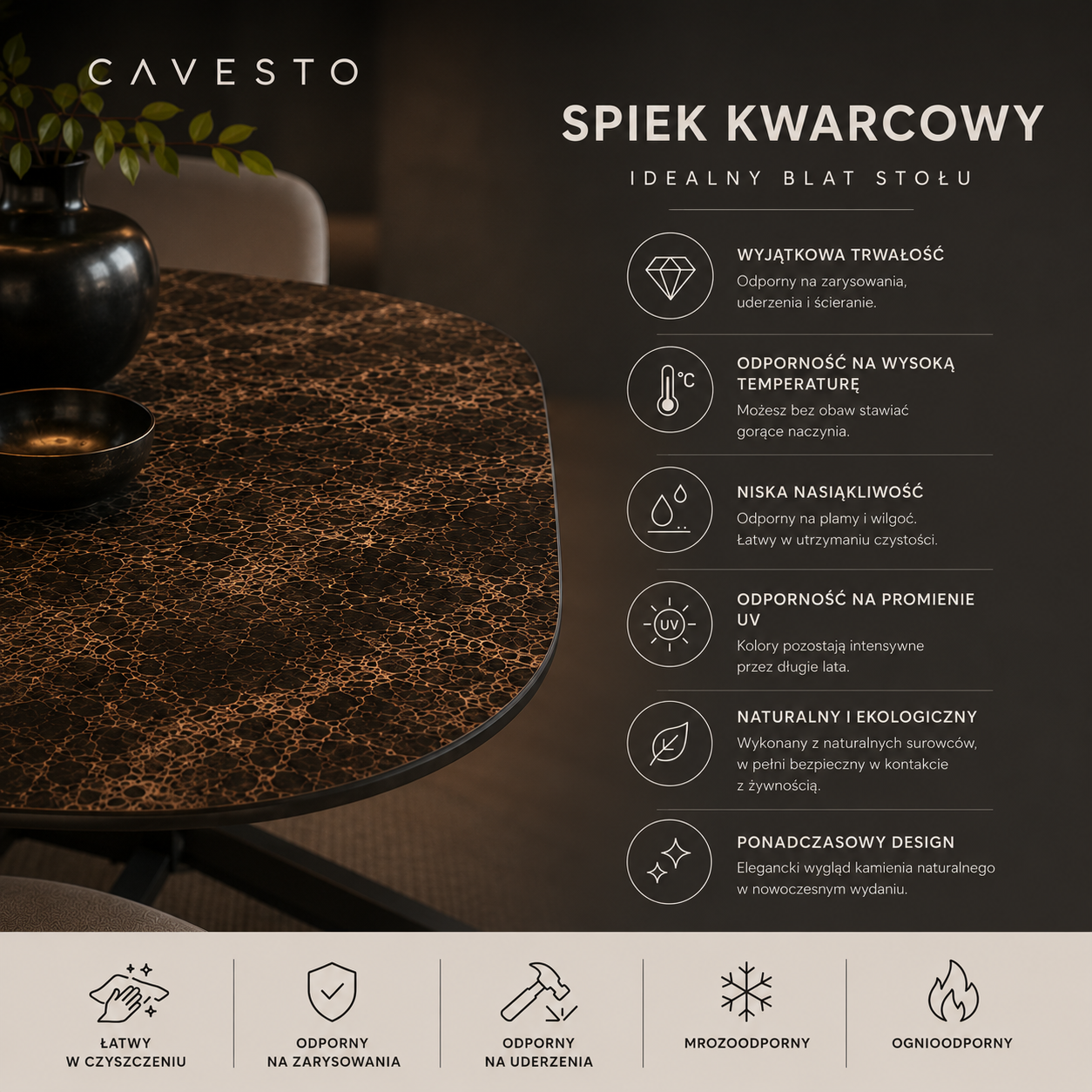 Stół ze spieku kwarcowego Emperador Nykonos