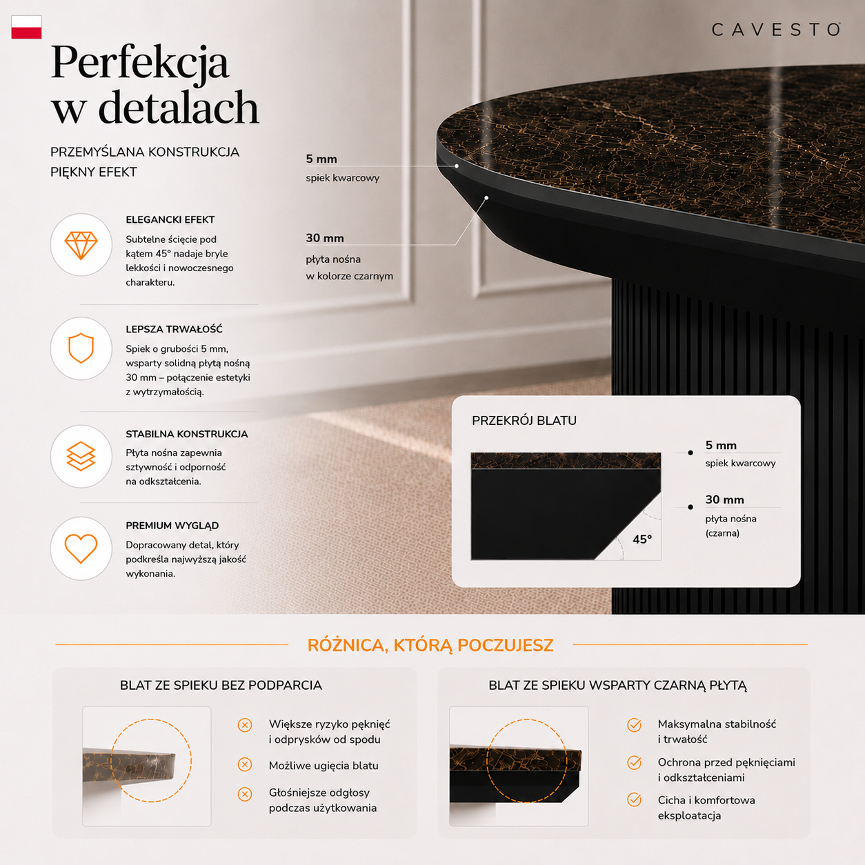 Stół ze spieku kwarcowego Calacatta Black | CAVESTO