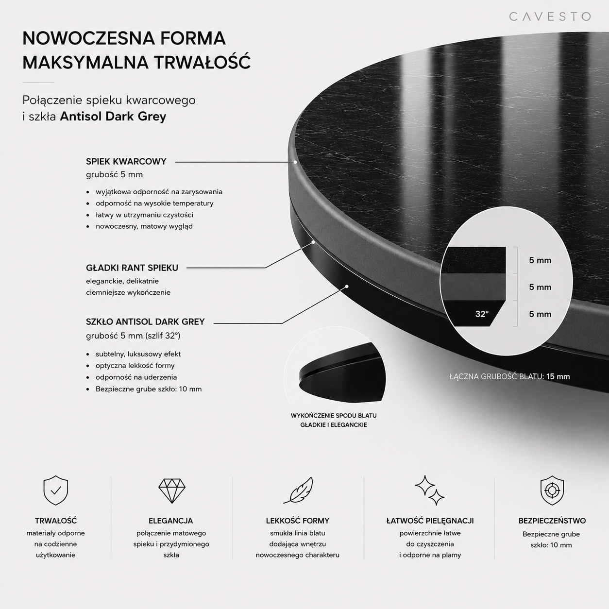 Stół ze spieku kwarcowego Kefalon marki CAVESTO w nowoczesnej aranżacji salonu